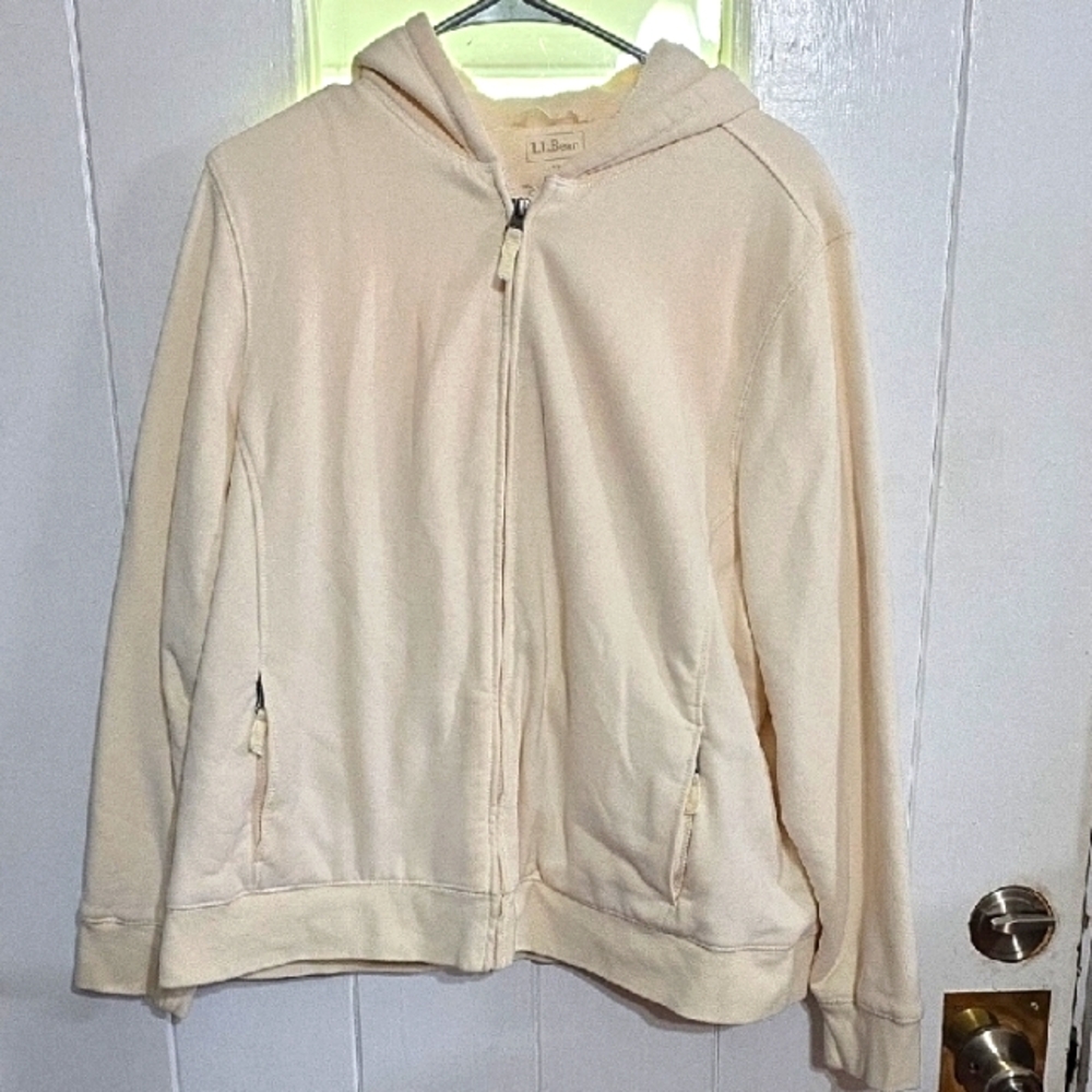 L L Bean Women's Sweatshirt Jacket Hooded Furry Lining Cream Pockets Zips 1X EUC